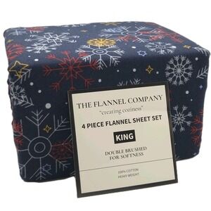 King Size Winter Cozy Cotton Flannel Sheet‎ Set Snowflakes Printed Heavy Weight
